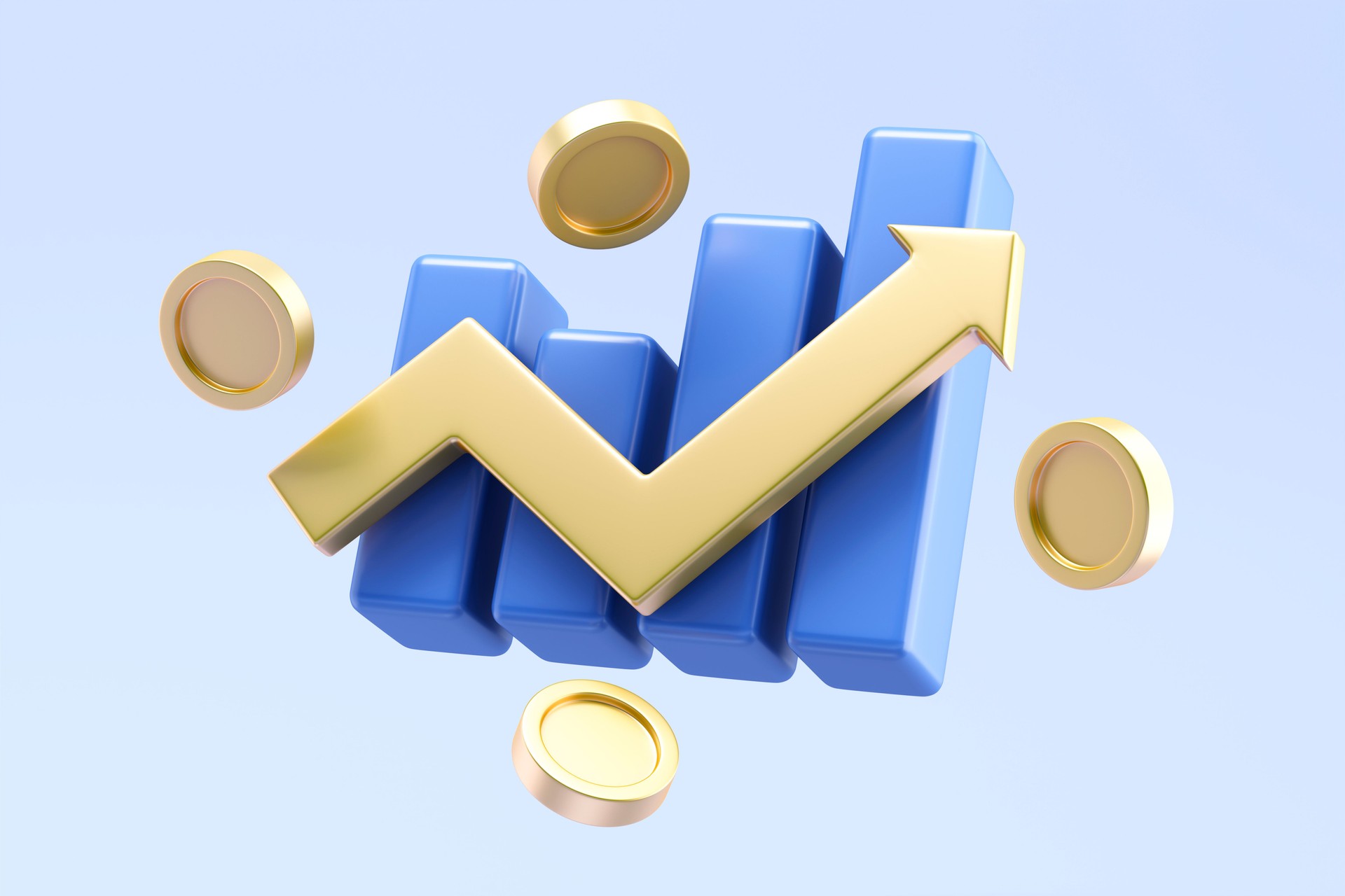 Blue bar chart with golden upward arrow and floating coins
