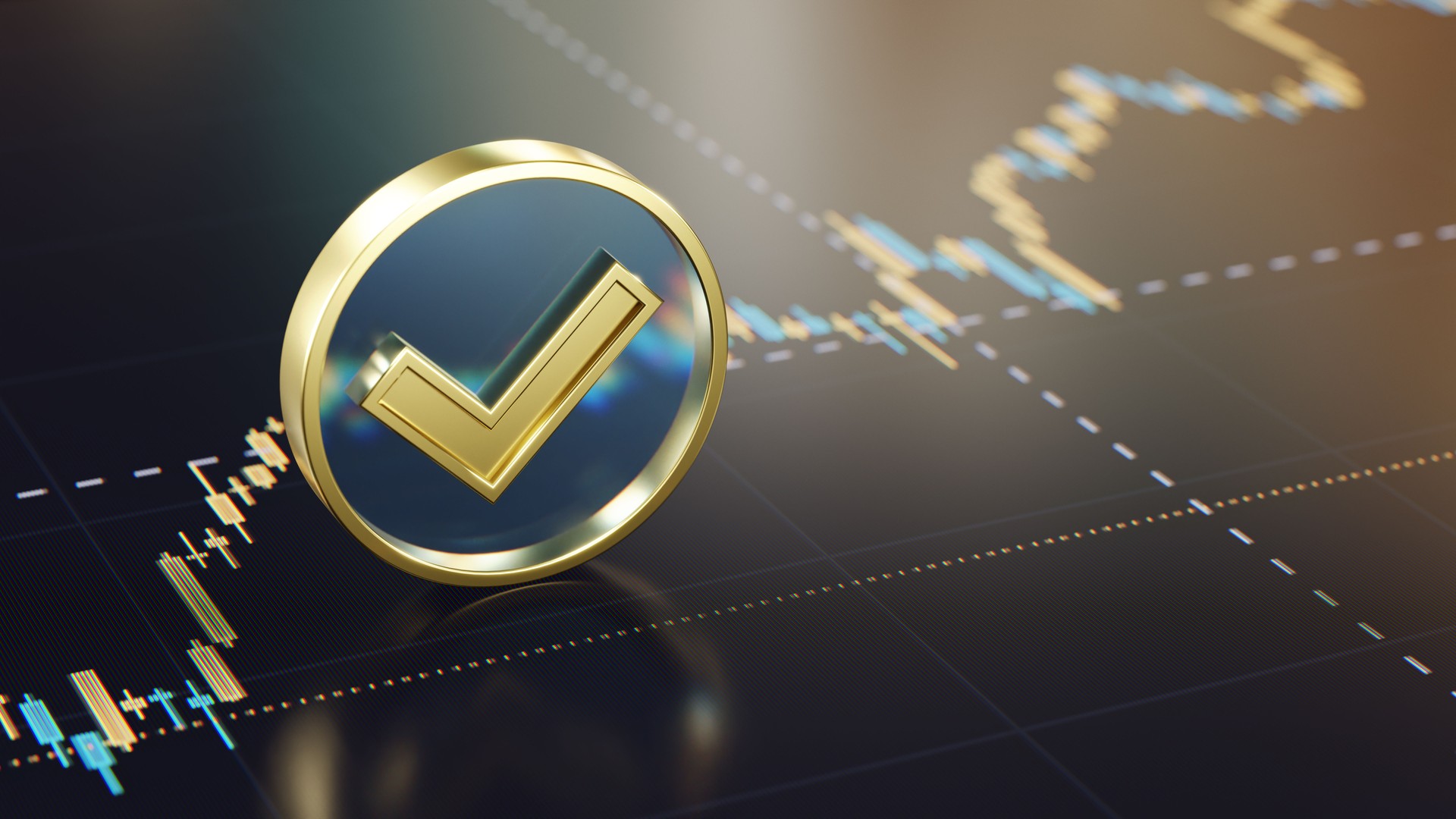 Golden Check Mark Symbol Over Stock Market Graph Illustration