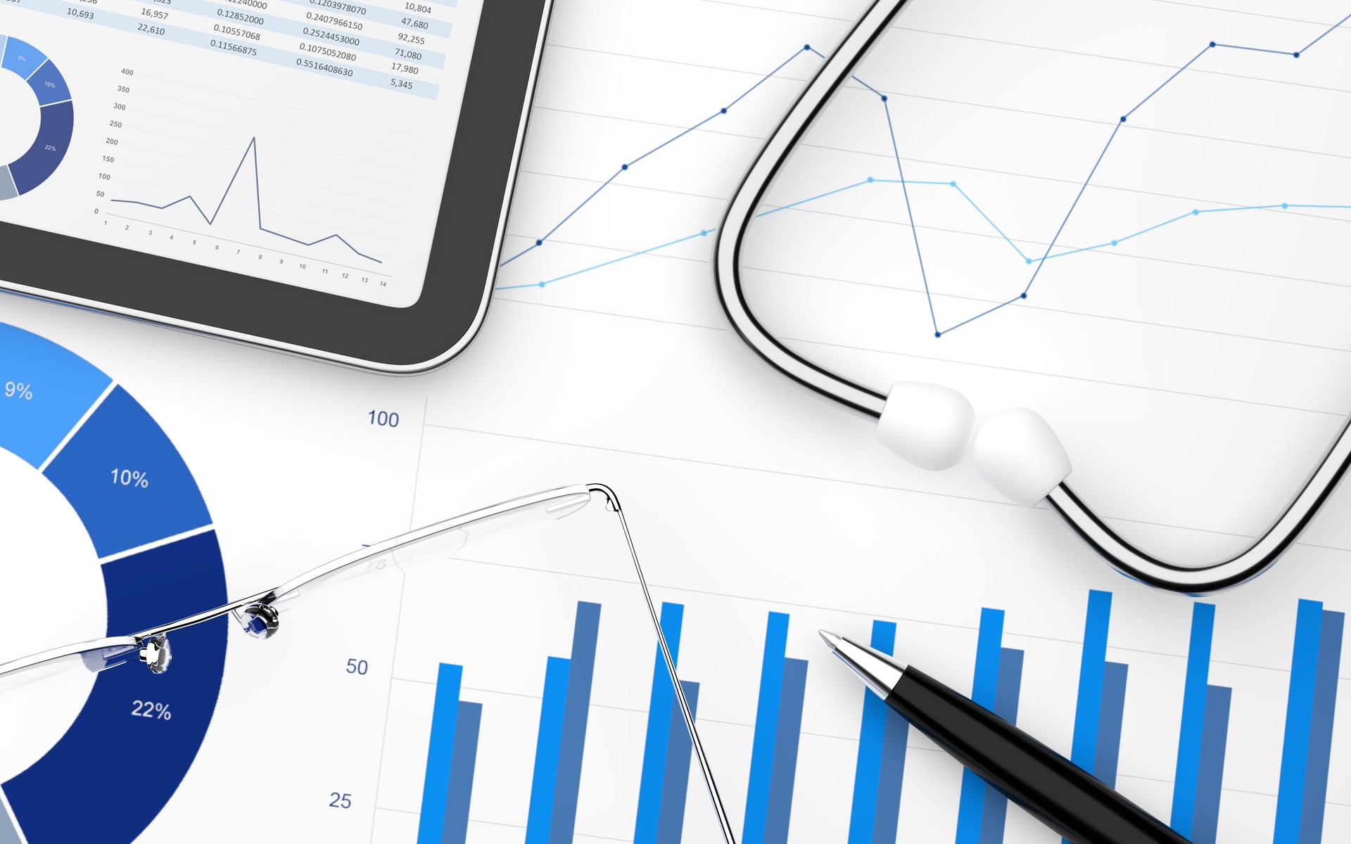 Stethoscope with financial statement with digital tablet
